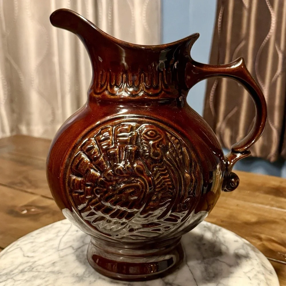 VTG‎ 1960s MCM McCoy Glossy Brown Turkey Embossed Pitcher Thanksgiving Holiday